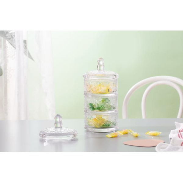 Stackable Clear Glass Storage Jar 10 Inch 3 Tier Glass Candy Dish Machine Pressed