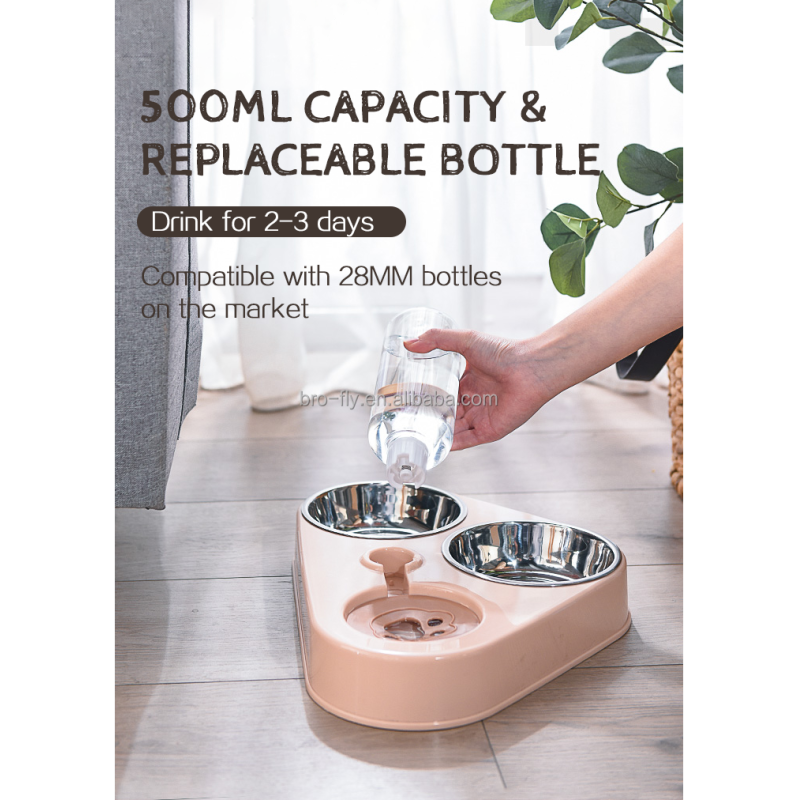 Large Small 3 in 1 Raised Pet Feeder 2 Stainless Steel Bowls and Automatic Water Bowl
