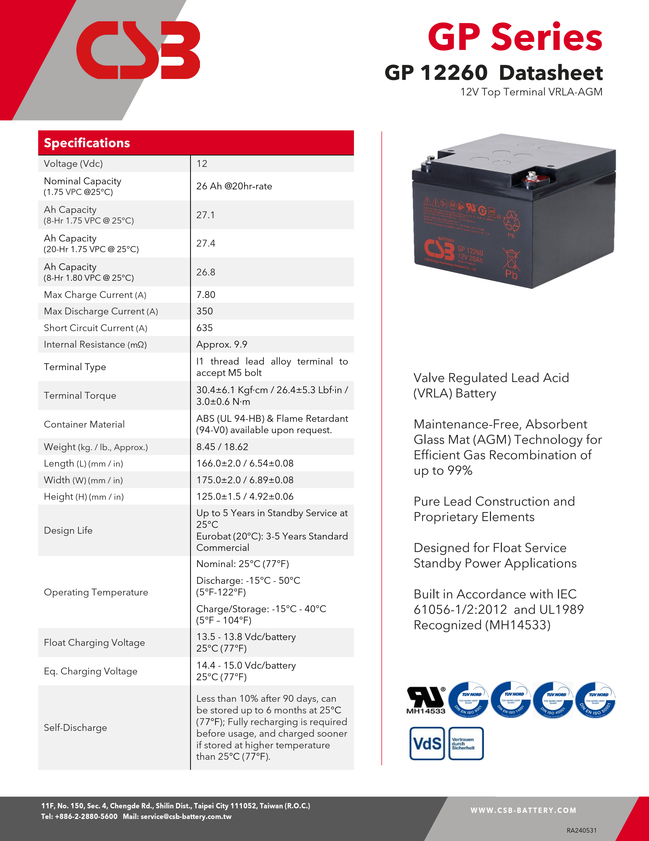 CSB GP12260 12V 26Ah Almacenamiento de energía Sin mantenimiento Recargable VRLA 12V 26Ah CSB AGM Batería