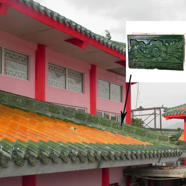 Glazed Antique Chinese Roof Ornaments Flower Pattern Green Yellow Colors