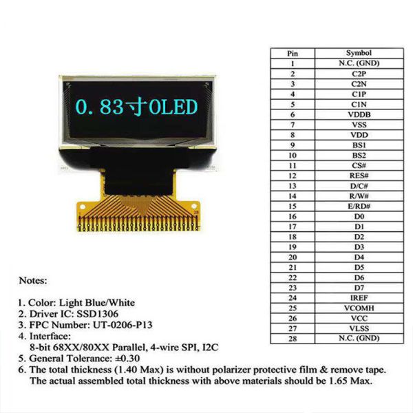 00,83 дюйма OLED графический дисплей, 96x39, 4 провода SPI I2C интерфейс, IC SSD1306 Управление