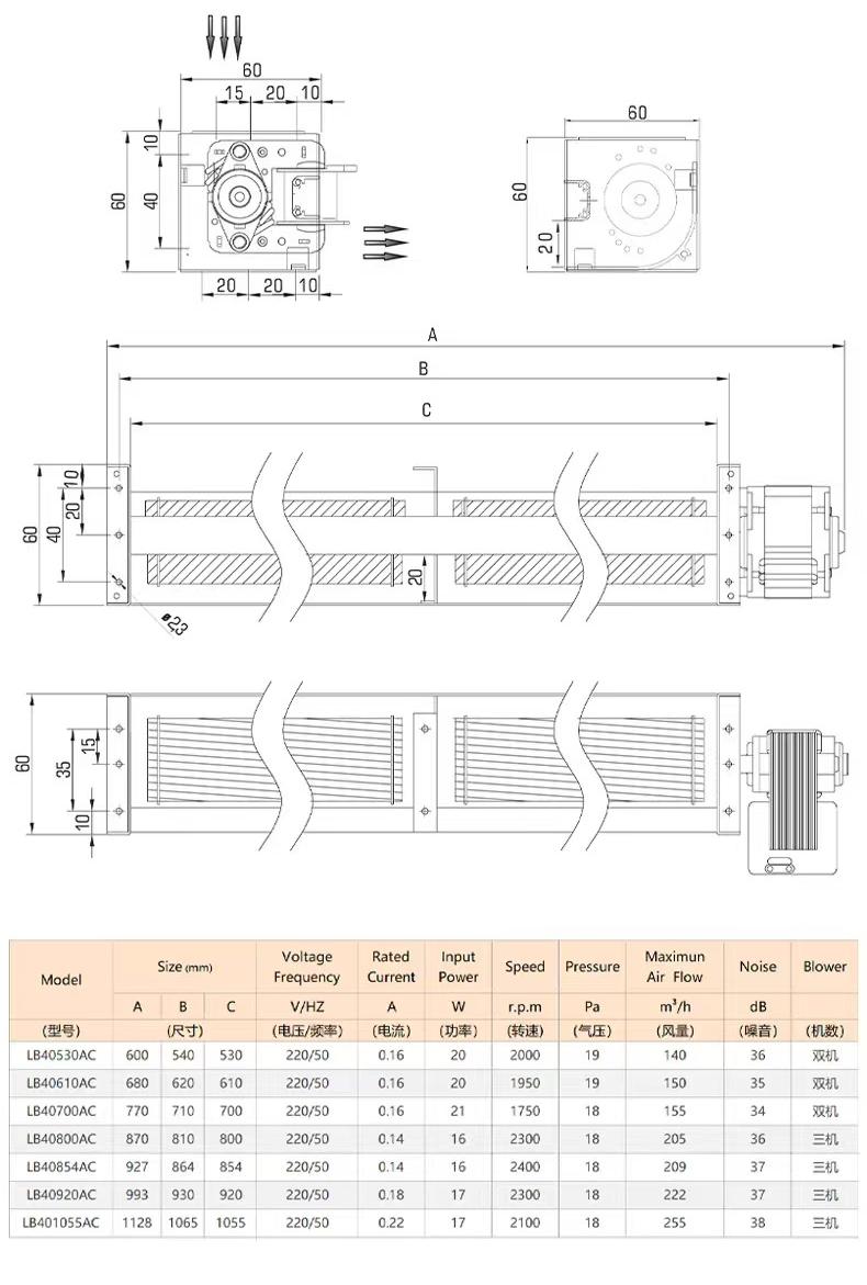 HY-40AC Series High-Volume Silent Cross-Flow Fan 1 Meter Long Strip Aluminum Alloy Blades AC Industrial Use OEM 1 Year Warranty