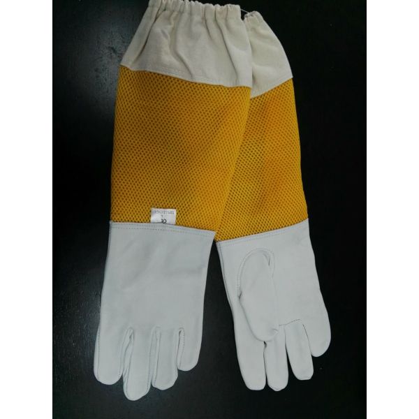 L - XL White Sheepskin Beekeeping Gloves With Yellow Soft Ventilated Sleeve