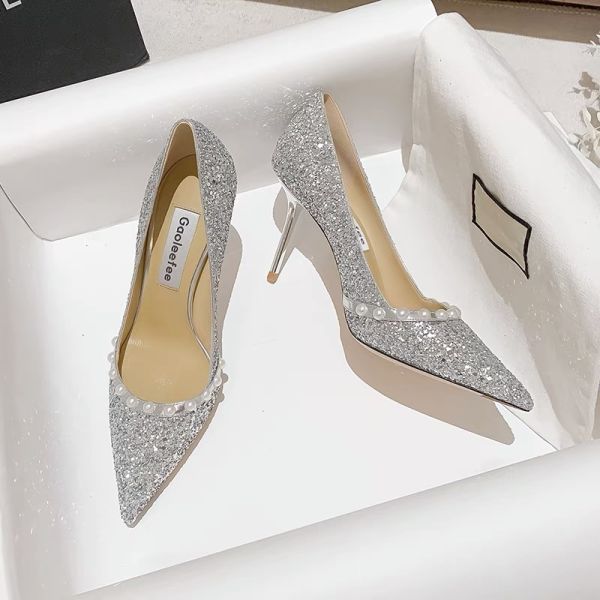 Spring Ladies Wedding Pumps , Sheepskin Golden Shiny Pearl Crystal Shoes