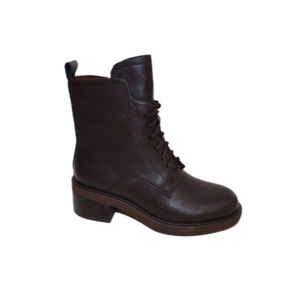 Women's Brown Grained Leather Lace-up Ankle Boots with Block Heel