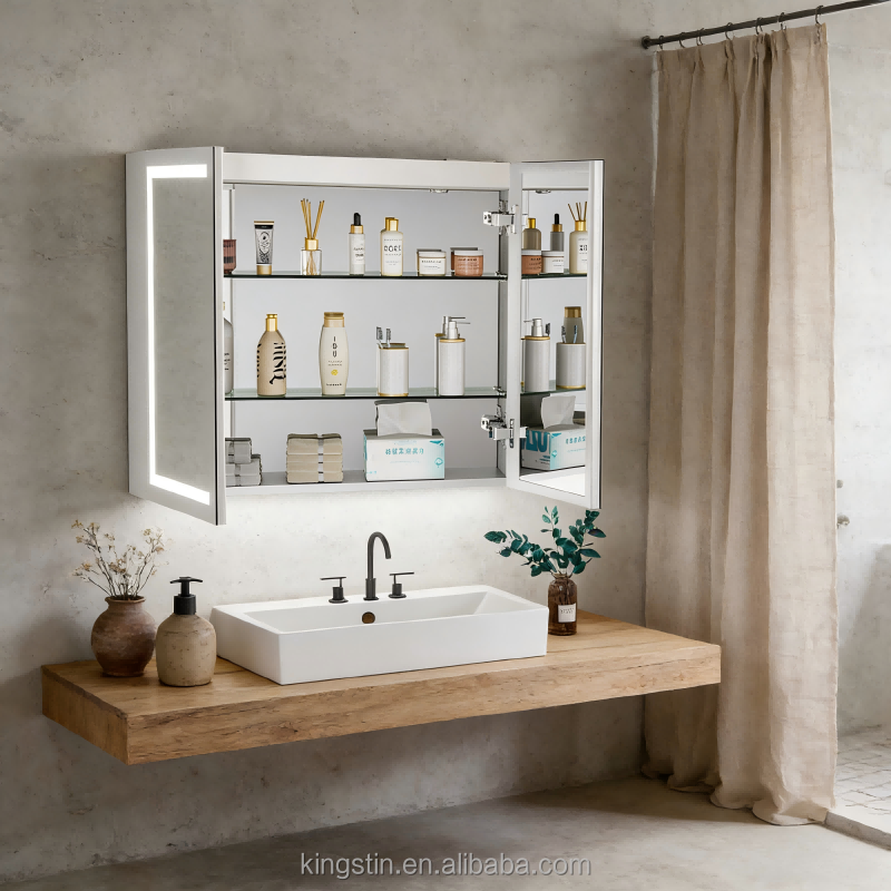 Kingstin Space-Saving Bathroom Mirror with LED Lights & Built-in Storage Cabinet Single Door for Modern Toilet Vanity