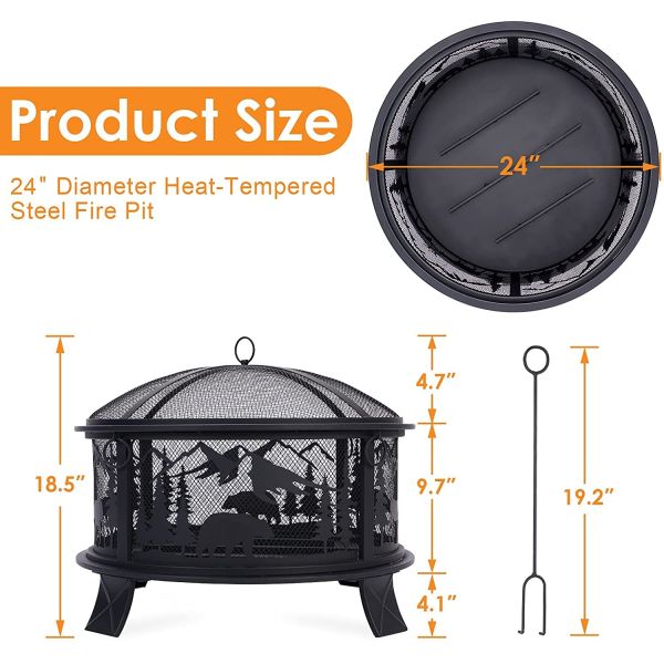 Round Metal Fire Bowl Outside Metal Barbecue Fire Pit With Spark Screen Fire Poker