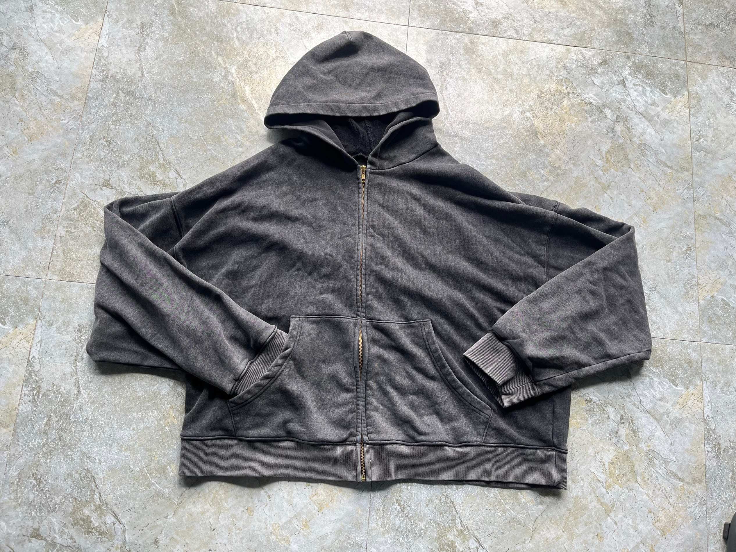 Vintage Acid Wash Men's Heavyweight Hoodie Full Zip Vintage Streetwear Hoodie Cursive Embroidery