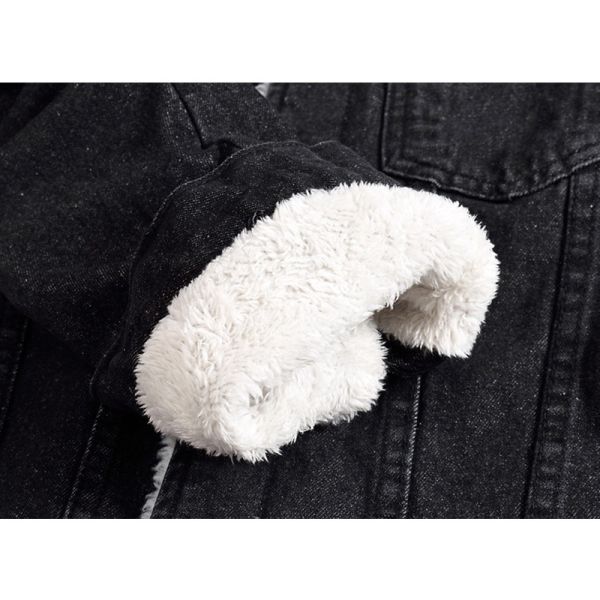 Men's Velvet Hoodie Denim Coat Winter Plus Size Black Slim Fit Thick Lambskin Wool Jacket