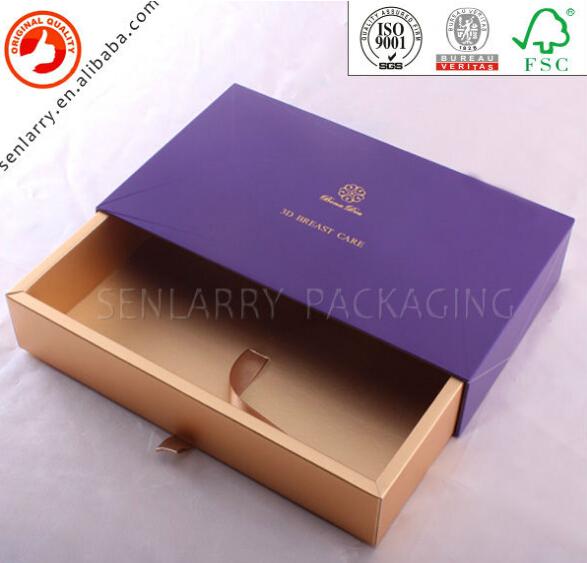 Promotional cheap recycled cosmetic packing box with drawer and ribbon certificated by ISO