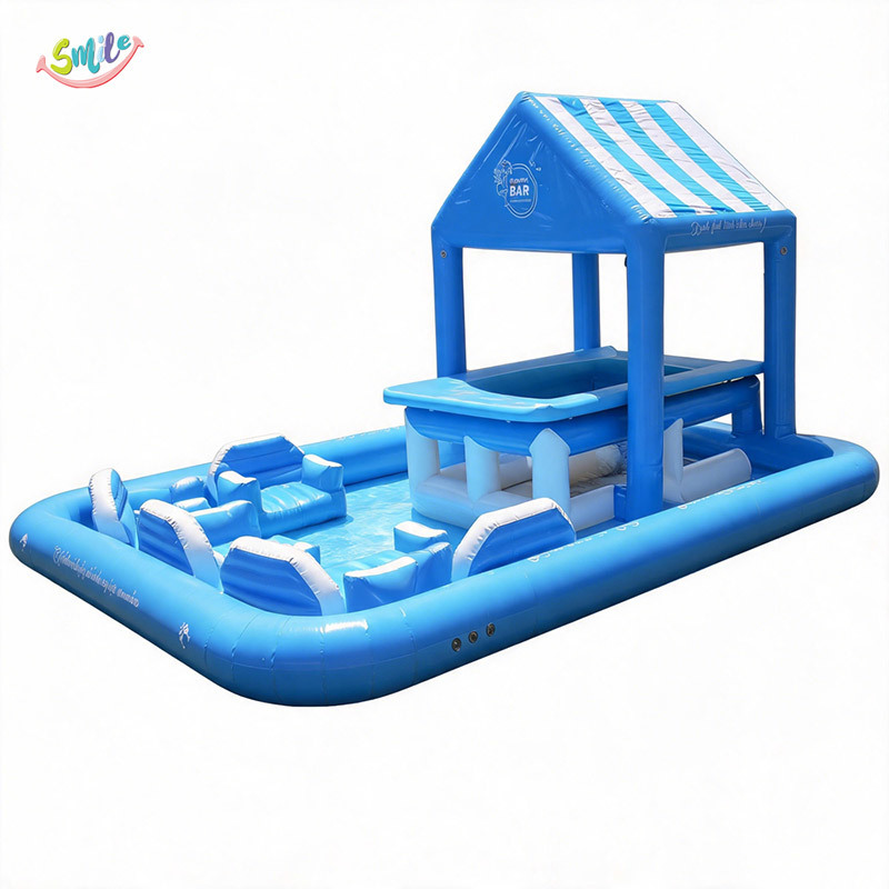 Commercial Inflatable Floating Island Water Bar With Shade Luxury Floating Dock Lounge Platform For Pool Lake Party
