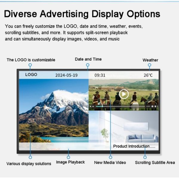 55 Inch Indoor Wall Mounted Window Video Advertising Display Board Digital Advertising Screen