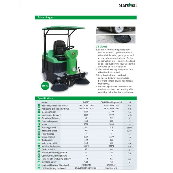 Road Sweeper Electric Street Cleaning Machine 550kg Weight 1860*1370*1900mm Dimension