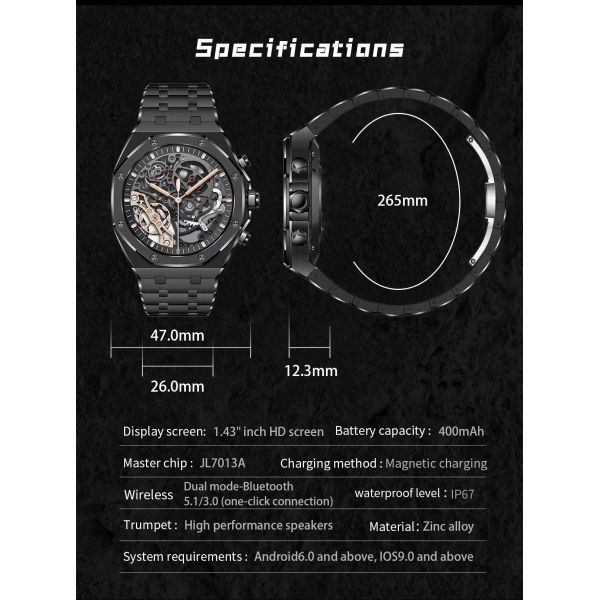 Reloj inteligente de acero inoxidable de oro AK68 de 1,43 pulgadas Smartwatch de monitoreo de salud con pantalla de amortiguador