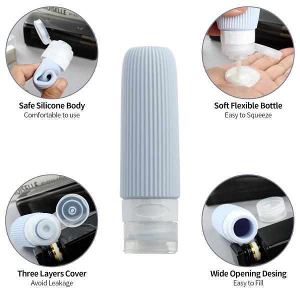 Lot de 16 flacons de toilette en silicone gris rechargeables pour voyage, approuvés par la TSA