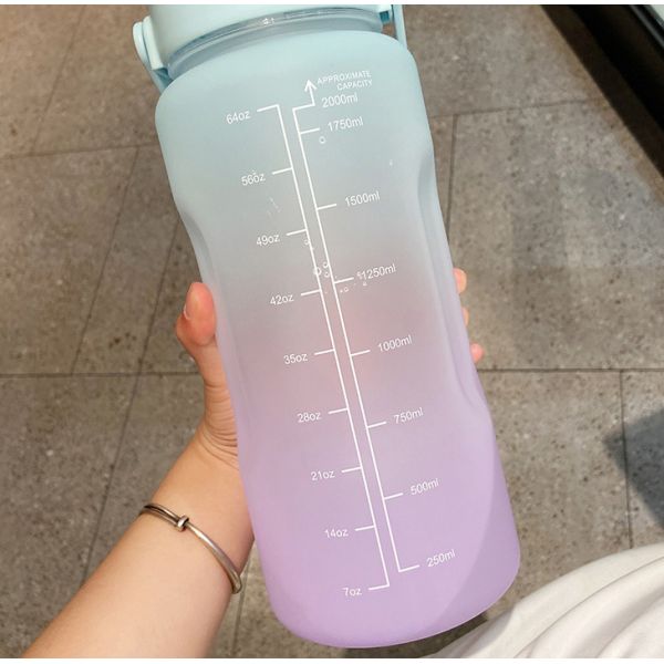 2L Motivational Time Marker Water Bottle with Straw and Stickers Gradient Color Durable