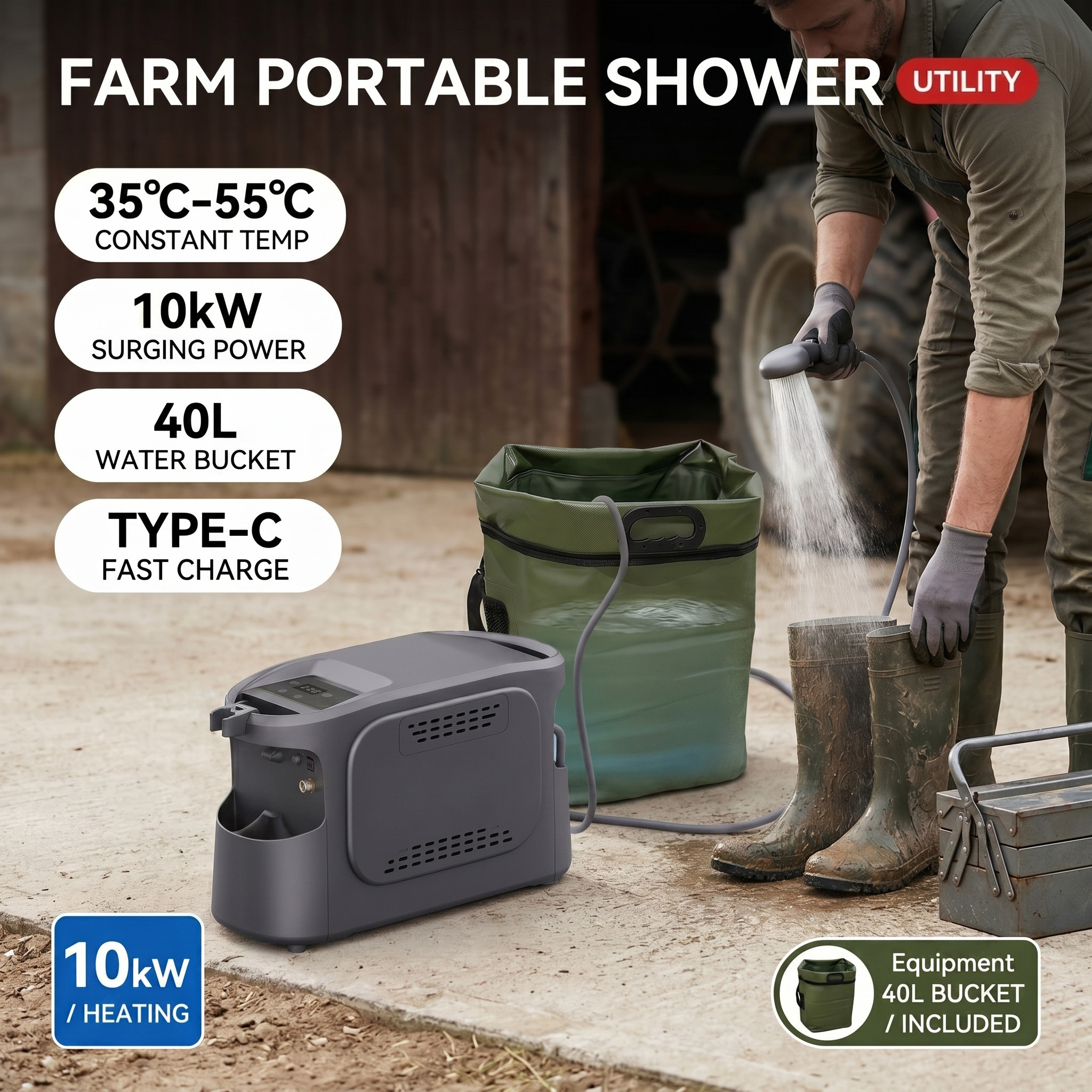 Ranch Barn Equestrian Spa Washer 10kW Propane Heater 5200mAh Battery