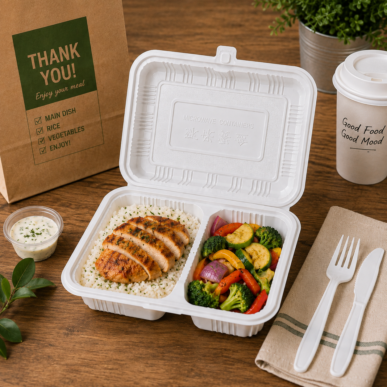 2 Compartment Takeout PP Plastic Clamshell Box 500ml for Main Dishes / Side Portions