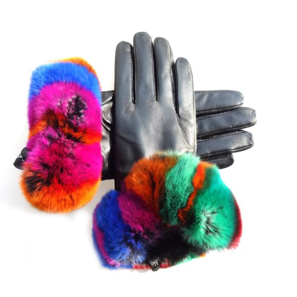 Beautiful Design Colored Leather Gloves , Rabbit Fur Gloves Black Color