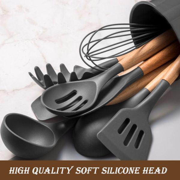 Stocked Silicone Kitchenware Cookware Sets With Wooden Handle Heat Resistant for OEM/ODM