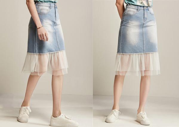 ODM OEM High Waisted Denim Skirt Tulle Mesh PatchedHem Light Indigo Jeans Wrap Skirt