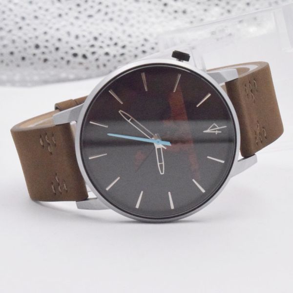 Genuine Leather Mens Stainless Steel Watch Engrave On Wood Dials Brown