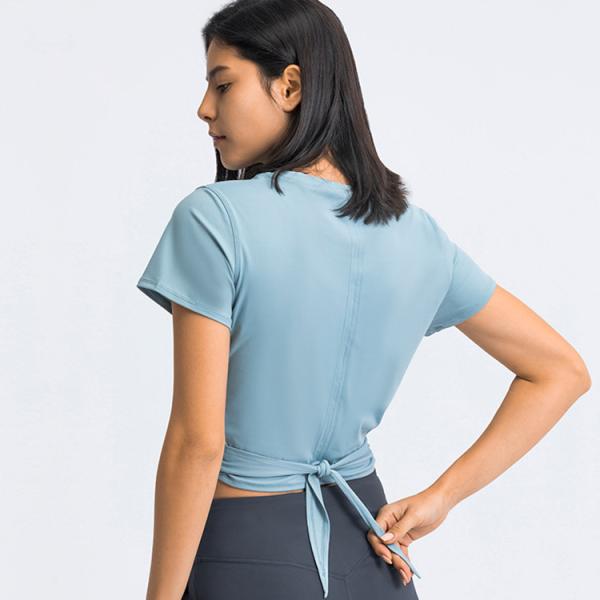 Cross Hem Lace Up Back Activewear T Shirts Breathable Short Sleeve T-Shirt For Women