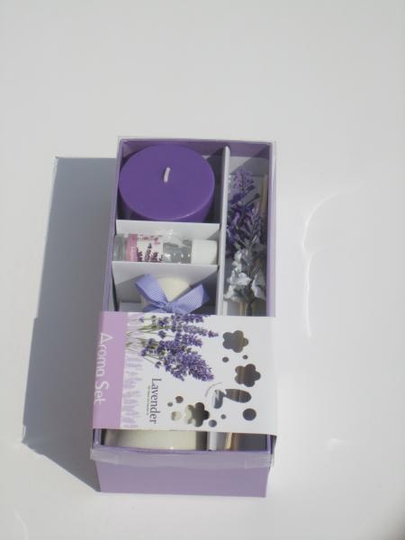 Purple  lavender fragrance scented pillar candle & essential oil  with printed label packed into gift box