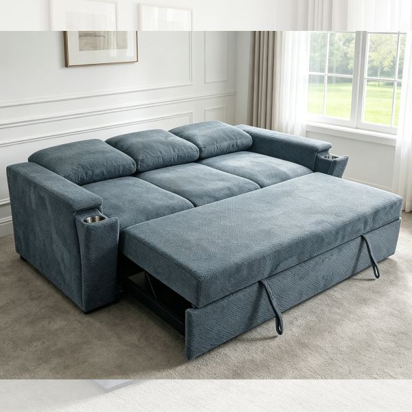 Futon Sofa Bed, Convertible Sleeper Sofa Bed with Adjustable Backrest,  Arms with Hidden Stainless Steel Cup Holders, Blue Fabric