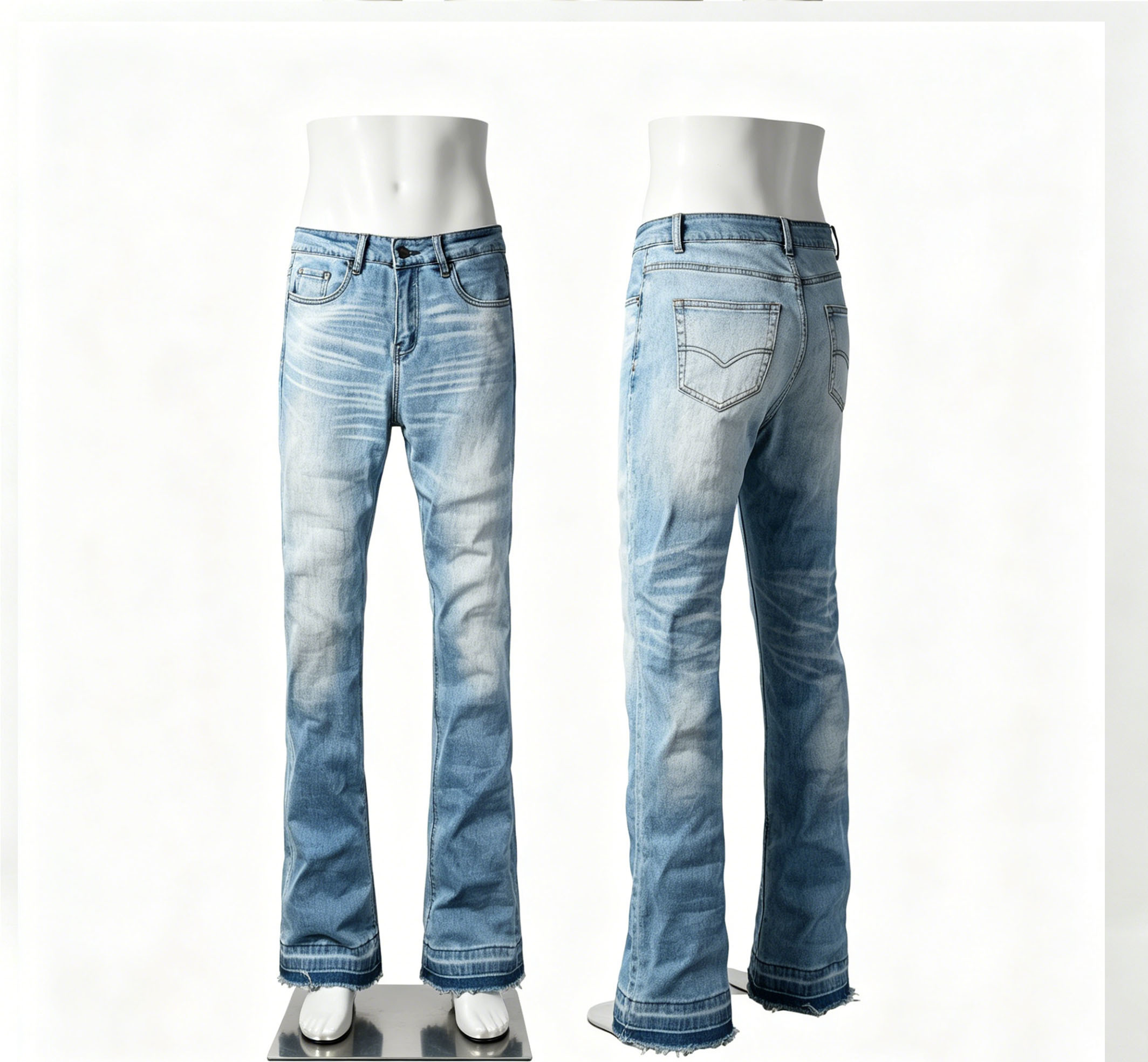 Light Washed Men's Jeans Mid Rise Flare Denim Jeans With Whisker Detailing