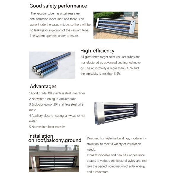 95 Liter Installed On Wall Vacuum Tube Collector Integral Solar Water Heater Without Water Tank