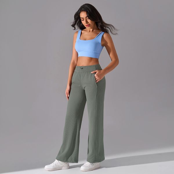 Textured Knit Women's Wide Leg Lounge Pants Olive Green High Waisted with Side Pockets