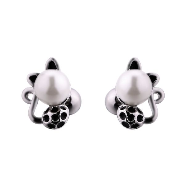 Unique cat shaped pearl stud earrings stainless steel piercing jewelry on hot sale