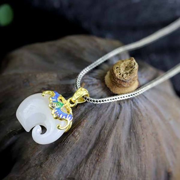 Gold Plated 925 Silver Enamel White Jade Elephant Pendant Necklace Silver Wheat Chain (DZ011124)
