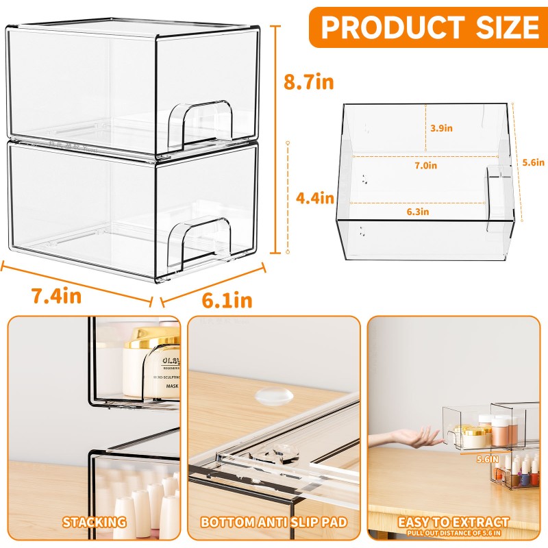 Multi-Tier Clear Makeup Organizer Detachable Stackable Desktop Storage Box Dustproof Cosmetic Display Case with Drawers for Home