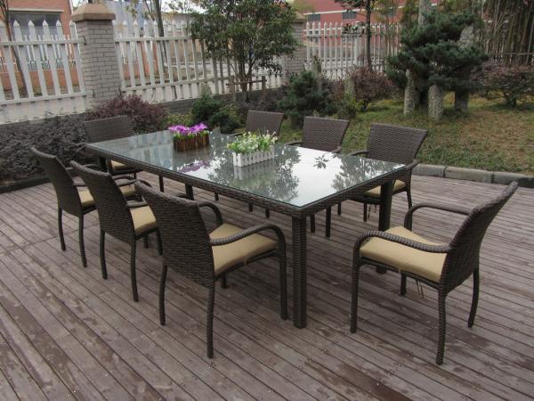 Dark Brown Rattan Garden Dining Sets With Table And 8pcs Arms Chair