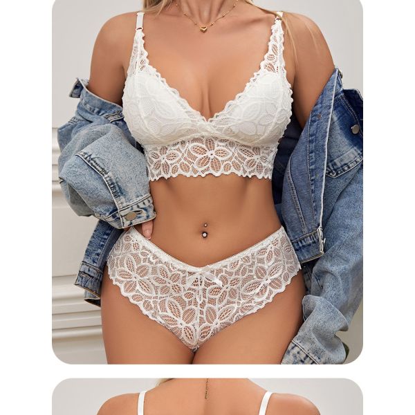 Women Lingerie Set Underwear Sexy Lace Wire-free Bra Set Gather Seamless Triangle Cup Bra Underwear Women's Small Breast