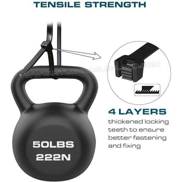 Cinta cintilla sujetacable poliamida 6.6 resistente UV ultravioleta, cincho cintillo precinto amarre de plástico negro 200mm x 4.8 (22kgs, 50lbs) para entornos UV altos