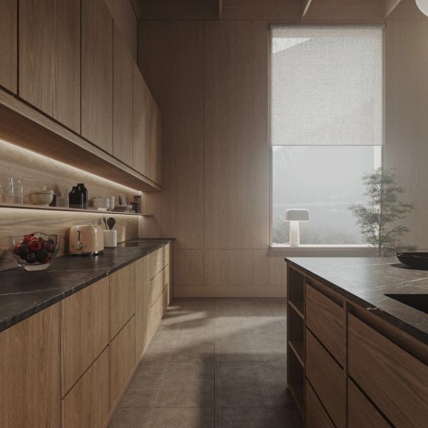 Fabricante de estilo moderno Conjunto completo de diseños de gabinetes de cocina de granos de madera minimalista completo