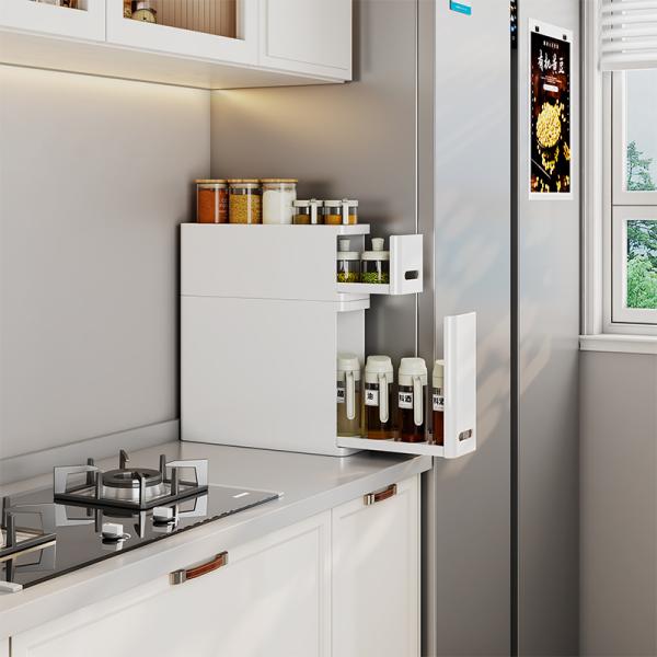 NEW Foldable Standing Metal Corner Countertop White Doublelayer Pull Out Drawer Spice Box Kitchen Storage Cabinet Organizer Rack