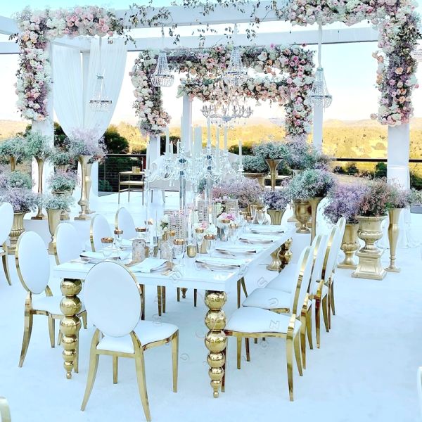 Modern Heavy-Duty Metal Legs Banquet Table with Gold Stainless Steel & MDF Top for Hotel Wedding Dining Outdoor Living Room Use