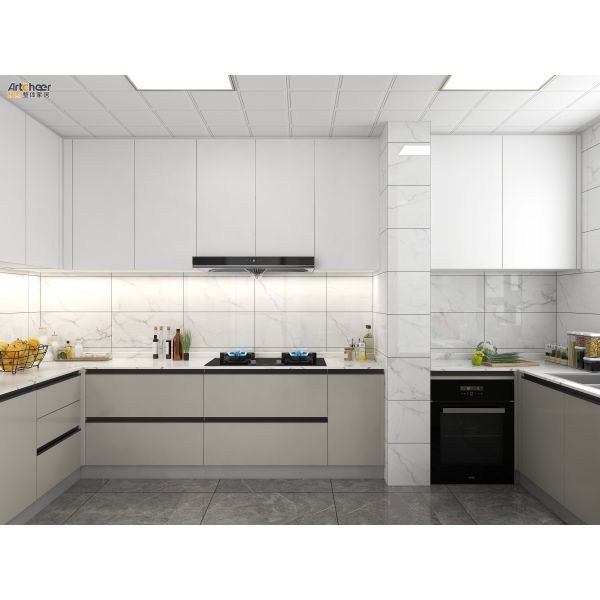 Modern L Shape Kitchen Cabinet with Resin Artificial Marble Wood Frame and Drawer Basket