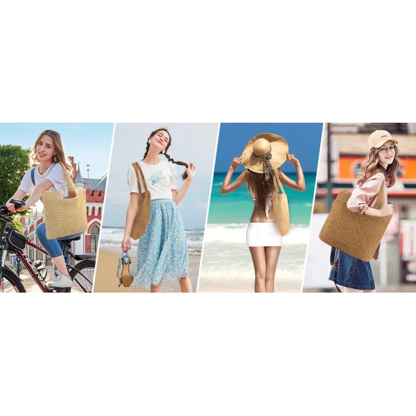 Raffia Crocheted Tote Shopping Bag Handmade Straw Bag Shoulder Beach Woven Handbag Summer Fashion Lady'S Casual Handbags Women'S Straw Shoulder Bags Rattan Woven Top Handle Raffia Crochet Beach