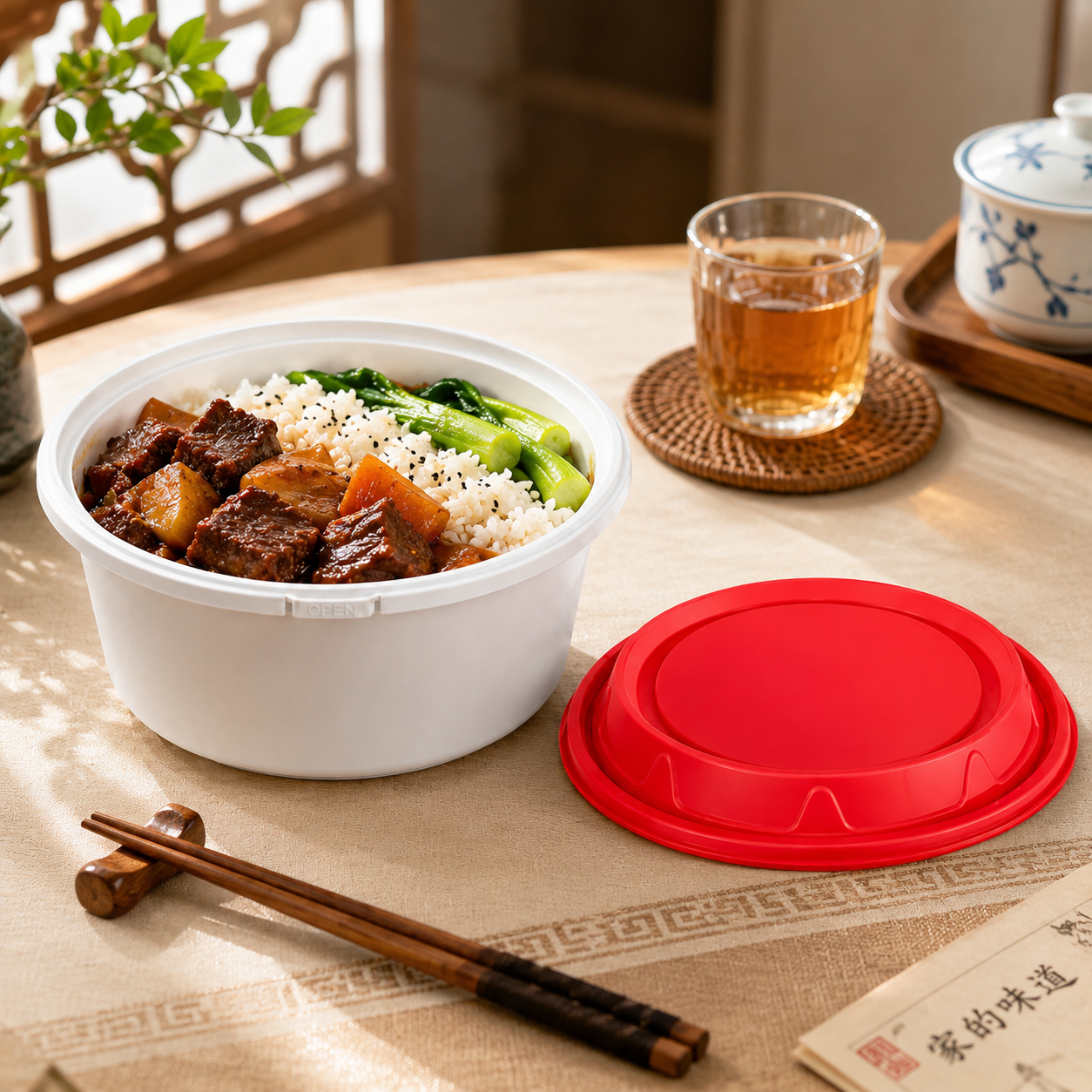 Snap Lock PP Takeaway Soup Bowl 800ml Wide Base with Red Tamper Evident Lid
