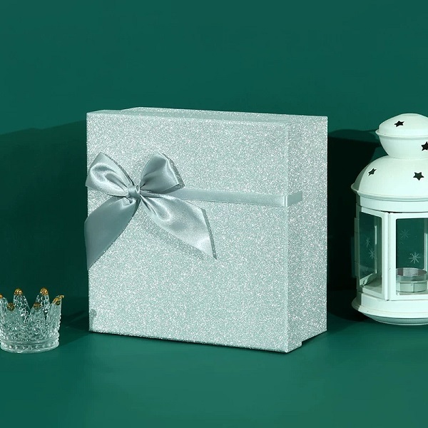 Glitter Rigid Gift Box Lid and Base Packaging With Satin Bow Ribbon
