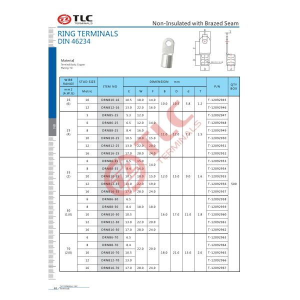 16-70mm2 Non Insulated Closed Barrel Ring Type Cable Lug Terminals DIN 46234 With Brazed Seam