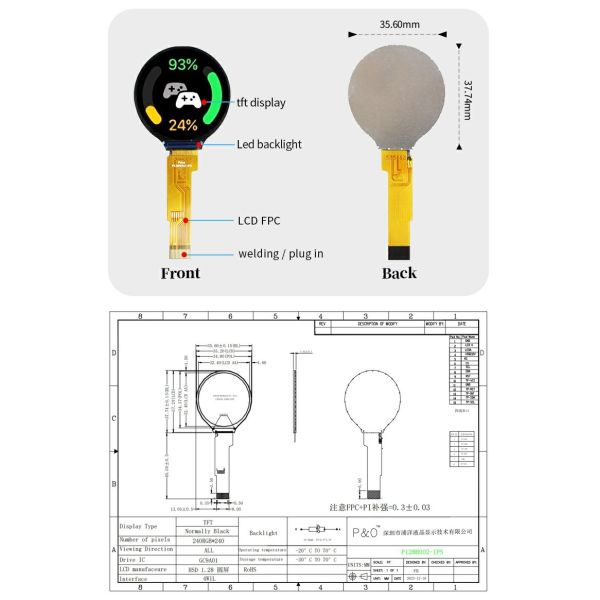 Polcd Small Round 1.28 Inch Lcd Screen 240*240 1.3 Inch Spi Interface IPS Circular Tft Lcd Module Panel
