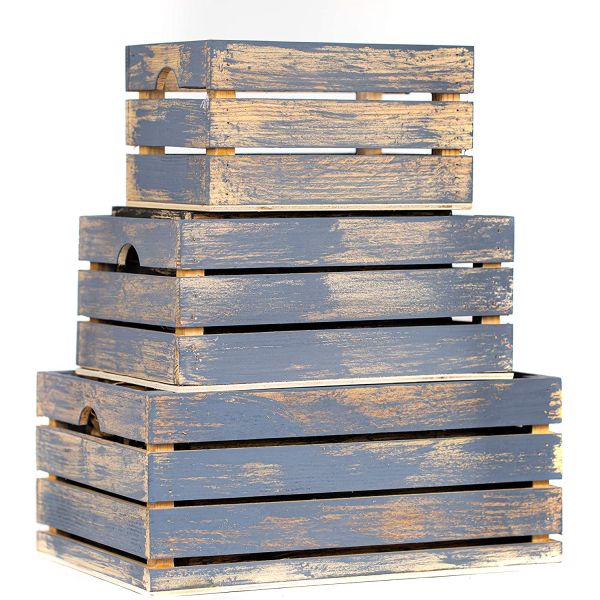Set of 3 Small Mini Wood Storage Crates with Handles Rustic Finish Printing Burned