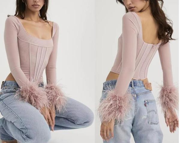 Da luva longa quadrada do pescoço das mulheres feitas sob encomenda da roupa parte superior curto magro COM desossamento