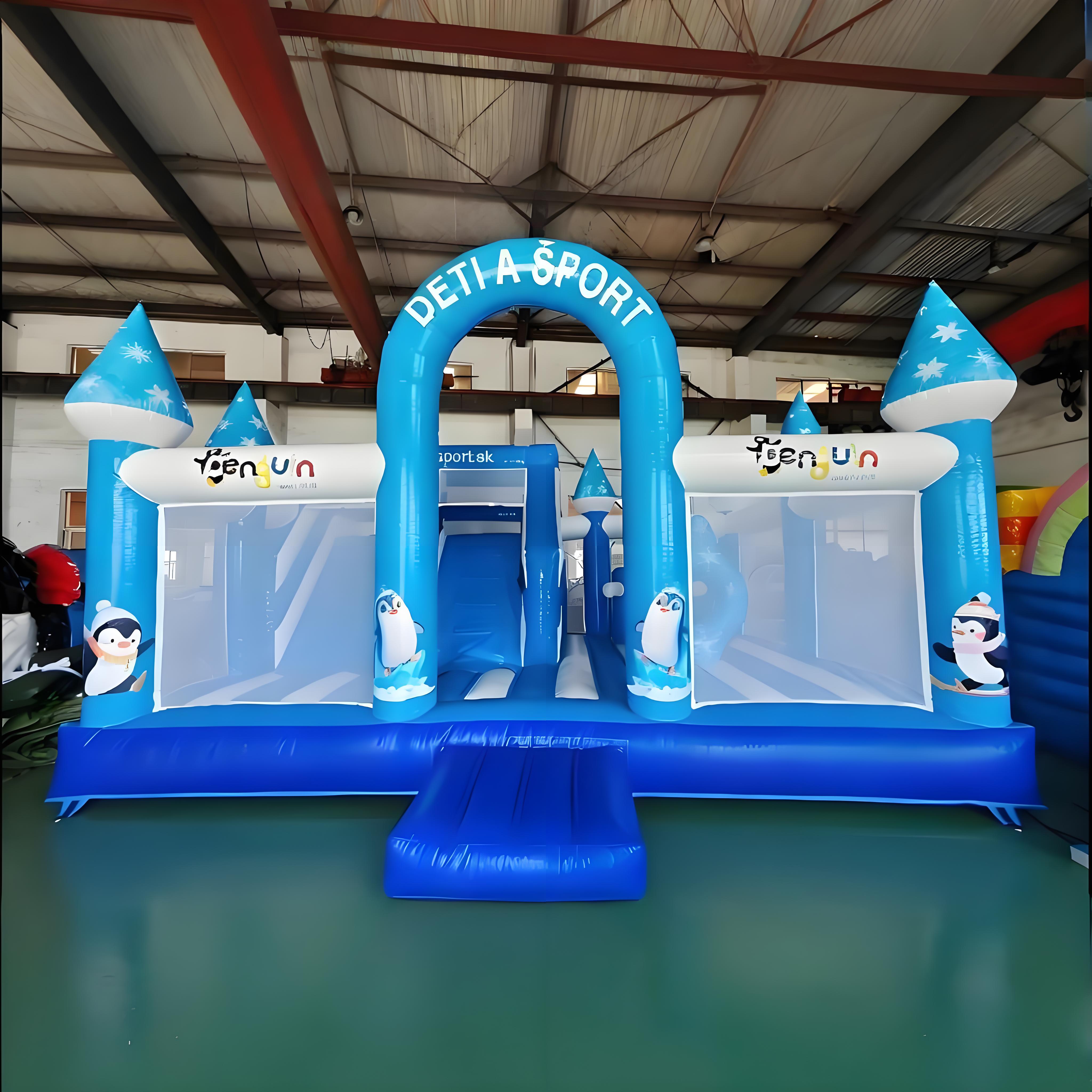 Inflatable Penguin Bounce House Slide Combo Blue Theme Kids Castle With Bounce Area Climbing Section Mesh Walls Rental Playground Equipment